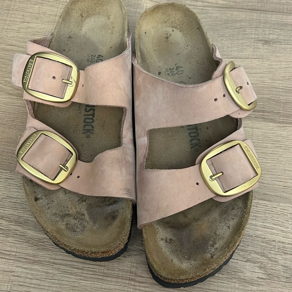 Birkenstock Pink Sandals with Gold Buckles